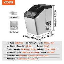 VEVOR 33Lb/24H Portable Countertop Ice Maker Ice Cube Machine Stainless Steel