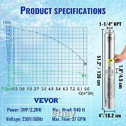 VEVOR 3HP 4 Deep Well Pump 640ft Submersible Pump 37GPM withControl Box 230V