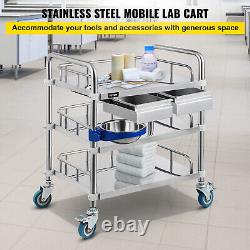 VEVOR Lab Cart Stainless Steel Cart 3 Layers with Refuse Basin 2 Drawers Size L