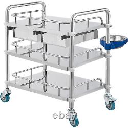 VEVOR Lab Cart Stainless Steel Cart 3 Layers with Refuse Basin 2 Drawers Size L