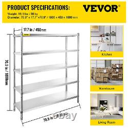 VEVOR Stainless Steel Shelving Unit 71W x 71H Adjustable Storage Shelf 5-Tier