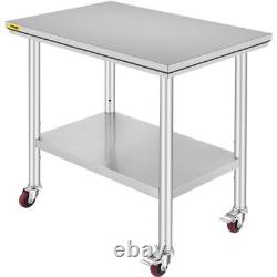 VEVOR Stainless Steel Work Table 36x24 Inch with 4 Wheels Commercial Food Prep