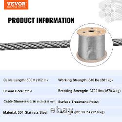 VEVOR T304 Stainless Steel Cable 3/16 7x19 Steel Wire Rope 500 ft