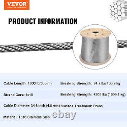 Câble de garde-corps en acier inoxydable T316 de VEVOR, câble en acier inoxydable 3/16x1000ft, câble en acier 1x19.