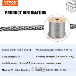 Câble en acier inoxydable VEVOR T316 de 1000 pieds 1/8 1x19 pour rampe en câble de corde en acier