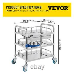 Chariot de laboratoire VEVOR en acier inoxydable à 3 niveaux avec bassin à déchets et 2 tiroirs taille L