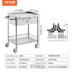 Chariot utilitaire de laboratoire mobile en acier inoxydable VEVOR à deux niveaux avec un tiroir 220 livres