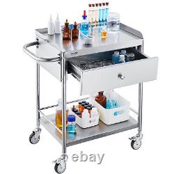 Chariot utilitaire de laboratoire mobile en acier inoxydable VEVOR à deux niveaux avec un tiroir 220 livres