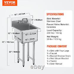 Évier utilitaire et de préparation commercial VEVOR 15x15 à 1 compartiment en acier inoxydable NSF