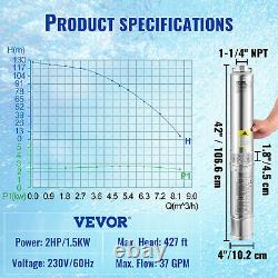 Pompe à eau submersible VEVOR pour puits profond en acier inoxydable 2HP 230V 37GPM 427ft
