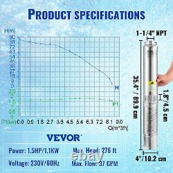 Pompe de puits profond VEVOR 1-1/2HP 276ft Pompe submersible 37GPM en acier inoxydable 230V