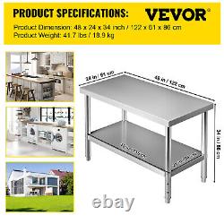 Table de préparation alimentaire commerciale en acier inoxydable VEVOR 48x24x34 pouces
