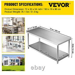 Table de préparation alimentaire commerciale en acier inoxydable VEVOR 72x30x34 pouces
