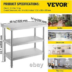 Table de préparation alimentaire extérieure VEVOR, 48x14x33 pouces, table commerciale en acier inoxydable, 2 niveaux.