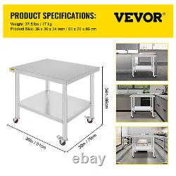 Table de préparation de cuisine de restaurant VEVOR 30 x 36 avec roulettes en acier inoxydable
