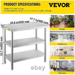 Table de travail en acier inoxydable VEVOR 36x18 avec 2 étagères pour la préparation alimentaire commerciale dans la cuisine.